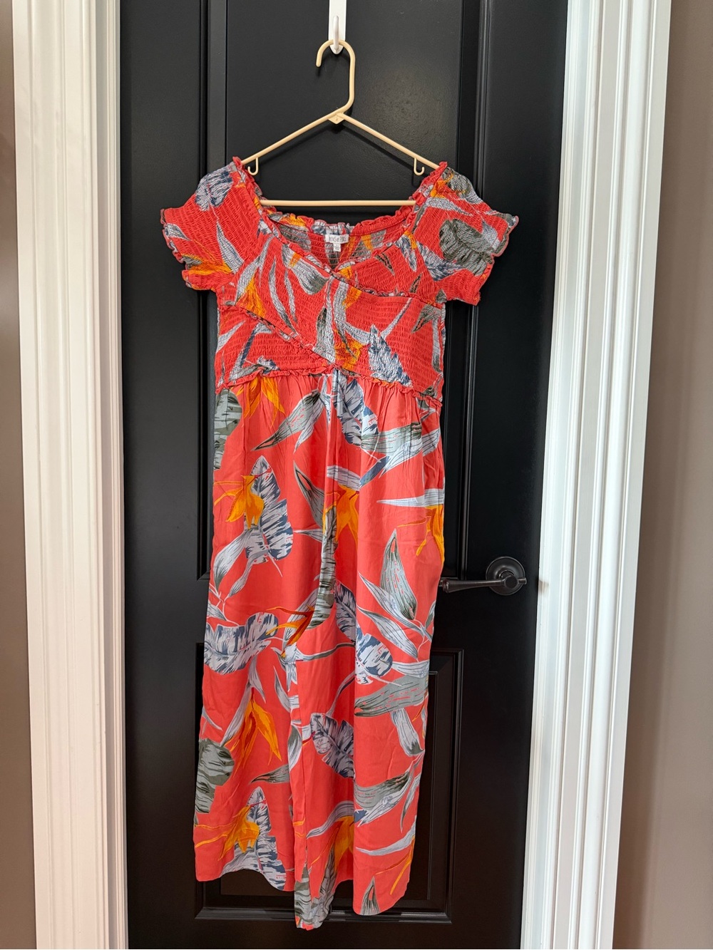 NWT! Patrons of Peace Coral and Gray Floral Smocked Ankle Length Jumpsuit